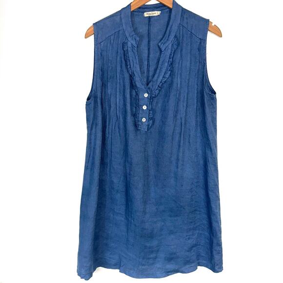 Alessia Pacini Made in Italy Blue Linen Pleated Mini Dress Size Large - Picture 1 of 9